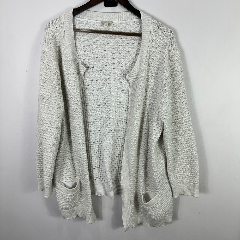 Talbots Open Front Cardigan Sweater Womens Plus Size 1X‎ White Metallic Knit